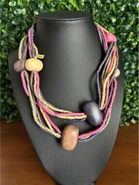 Chunky Multi Strand Wood Bead Necklace Handmade Boho Statement